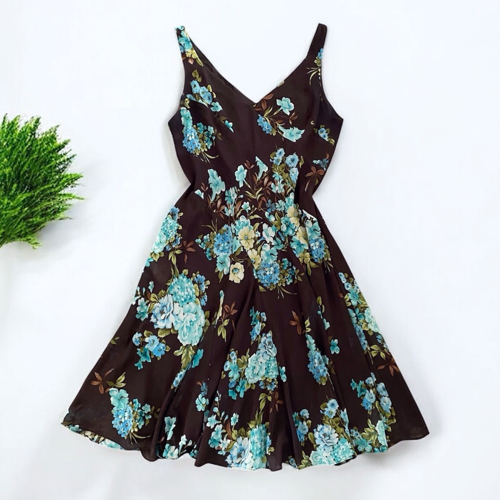 Vintage Brown + Blue Floral Chiffon Sun Dress